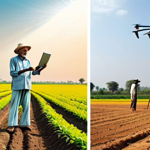Home 23 A dual image depicting the evolution of Indian agriculture. On the left, an elderly Indian farmer uses a traditional plow in a sun-drenched, rustic field with simple crops. On the right, a young, modern Indian farmer stands in a vibrant, high-tech field, using a tablet to monitor IoT sensors and a drone flying overhead. The two scenes blend seamlessly in the center, symbolizing progress. Bright, optimistic lighting, realistic details, showcasing both tradition and innovation.
