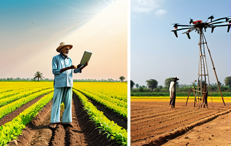 A dual image depicting the evolution of Indian agriculture. On the left, an elderly Indian farmer uses a traditional plow in a sun-drenched, rustic field with simple crops. On the right, a young, modern Indian farmer stands in a vibrant, high-tech field, using a tablet to monitor IoT sensors and a drone flying overhead. The two scenes blend seamlessly in the center, symbolizing progress. Bright, optimistic lighting, realistic details, showcasing both tradition and innovation.
