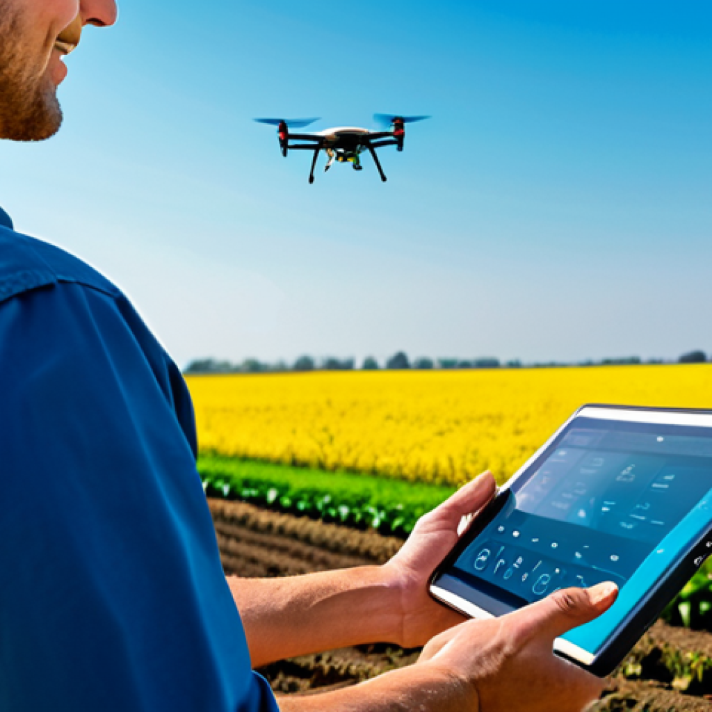 A professional and diverse farmer, fully clothed in modest, practical, modern farming attire, confidently operating a tablet while a sleek agricultural drone hovers over a vibrant, lush crop field. The background features rows of healthy, green crops under a clear blue sky. Smart sensors are subtly visible in the soil. The scene is well-lit, conveying innovation and efficiency. Perfect anatomy, correct proportions, natural pose, well-formed hands, proper finger count, natural body proportions, professional photography, high quality, sharp focus, vibrant colors, detailed textures, safe for work, appropriate content, fully clothed, professional, family-friendly.