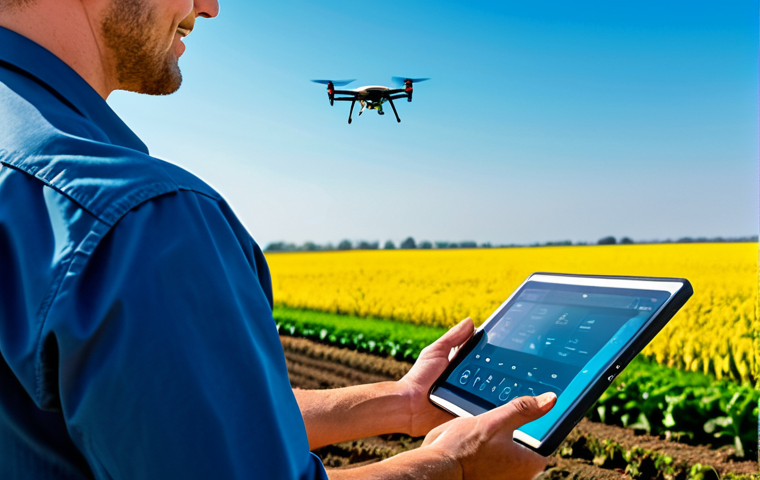 A professional and diverse farmer, fully clothed in modest, practical, modern farming attire, confidently operating a tablet while a sleek agricultural drone hovers over a vibrant, lush crop field. The background features rows of healthy, green crops under a clear blue sky. Smart sensors are subtly visible in the soil. The scene is well-lit, conveying innovation and efficiency. Perfect anatomy, correct proportions, natural pose, well-formed hands, proper finger count, natural body proportions, professional photography, high quality, sharp focus, vibrant colors, detailed textures, safe for work, appropriate content, fully clothed, professional, family-friendly.
