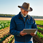 Modern Farmer Using Technology**

A professional farmer in modest clothing, using a tablet to monitor crops in a sunlit field, appropriate attire, safe for work, perfect anatomy, natural proportions, daytime, professional photography, high quality.

**