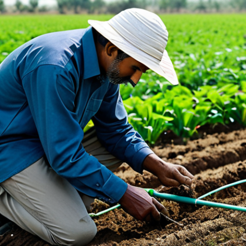 Home 20 **
A modern Indian farmer in appropriate attire, examining soil health in a field. Tools and testing equipment are visible. Background shows a lush green field with drip irrigation. Safe for work, appropriate content, fully clothed, professional, perfect anatomy, natural proportions, high quality.
**
