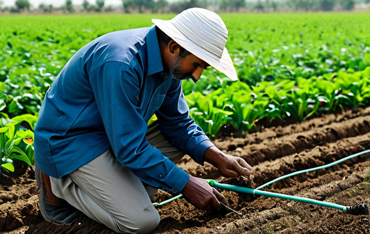 **
A modern Indian farmer in appropriate attire, examining soil health in a field. Tools and testing equipment are visible. Background shows a lush green field with drip irrigation. Safe for work, appropriate content, fully clothed, professional, perfect anatomy, natural proportions, high quality.
**