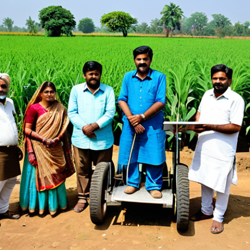 Home 9 **
A group of Indian farmers, fully clothed in traditional attire, gathered around a modern soil testing machine in a rural village. The scene showcases the use of technology in agriculture with a focus on soil health. Background includes lush green fields and a clear blue sky. Safe for work, appropriate content, modest, family-friendly, professional photography, perfect anatomy, natural proportions.
**