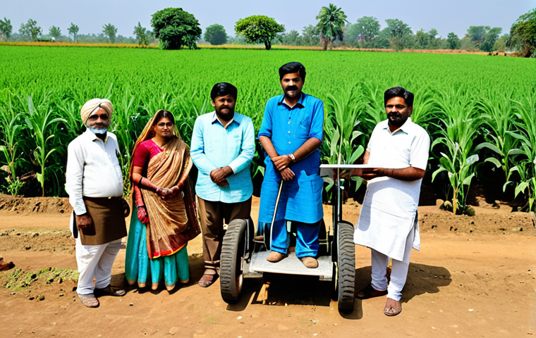 **
A group of Indian farmers, fully clothed in traditional attire, gathered around a modern soil testing machine in a rural village. The scene showcases the use of technology in agriculture with a focus on soil health. Background includes lush green fields and a clear blue sky. Safe for work, appropriate content, modest, family-friendly, professional photography, perfect anatomy, natural proportions.
**