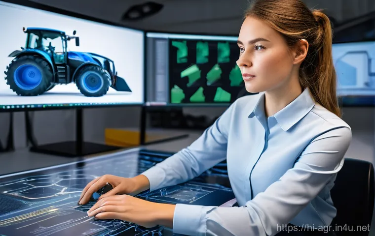 농업기술 직무별 연봉 분석 - A young, focused female agricultural engineer, dressed in a smart casual outfit like a collared shir...