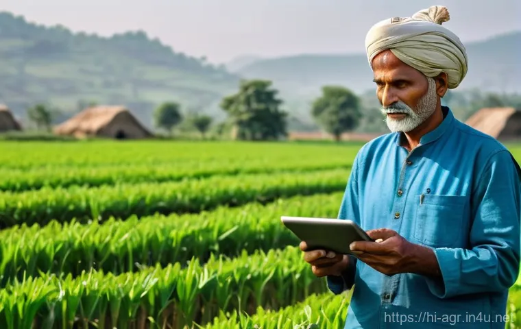 농업기술 관련 직무 스트레스 관리 - **Prompt 1: A Balanced Farmer's Digital Day**
    "A serene, middle-aged Indian farmer, dressed in t...