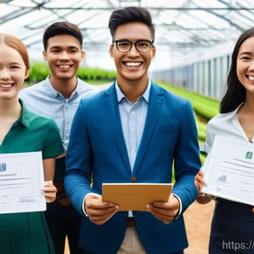 농업기술 관련 이직 준비 서류 - A professional, diverse group of young adults, dressed in smart-casual business attire, gathered in ...