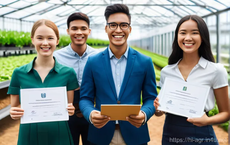 농업기술 관련 이직 준비 서류 - A professional, diverse group of young adults, dressed in smart-casual business attire, gathered in ...